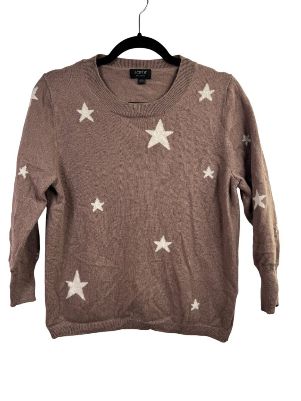 J.Crew Women 100% Cashmere Star Print Sweater Taupe Size Large Soft Cozy Novelty